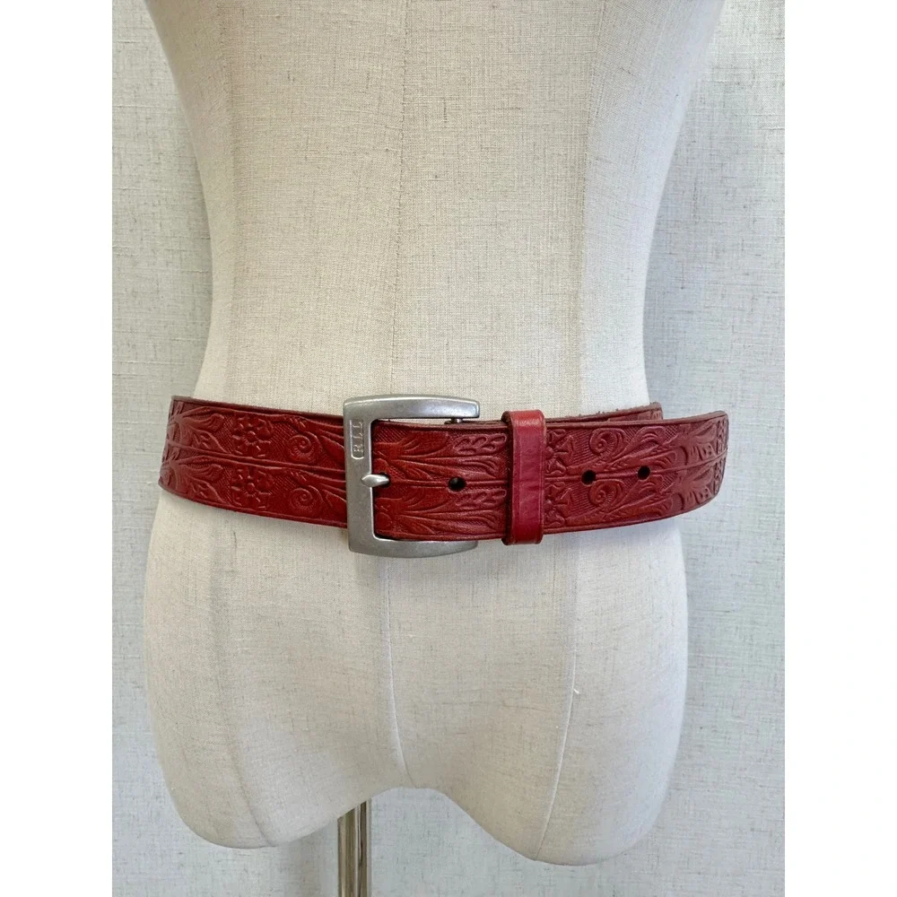 Lauren Ralph Lauren Floral Tooled Embossed Red Leather Belt Size Medium
